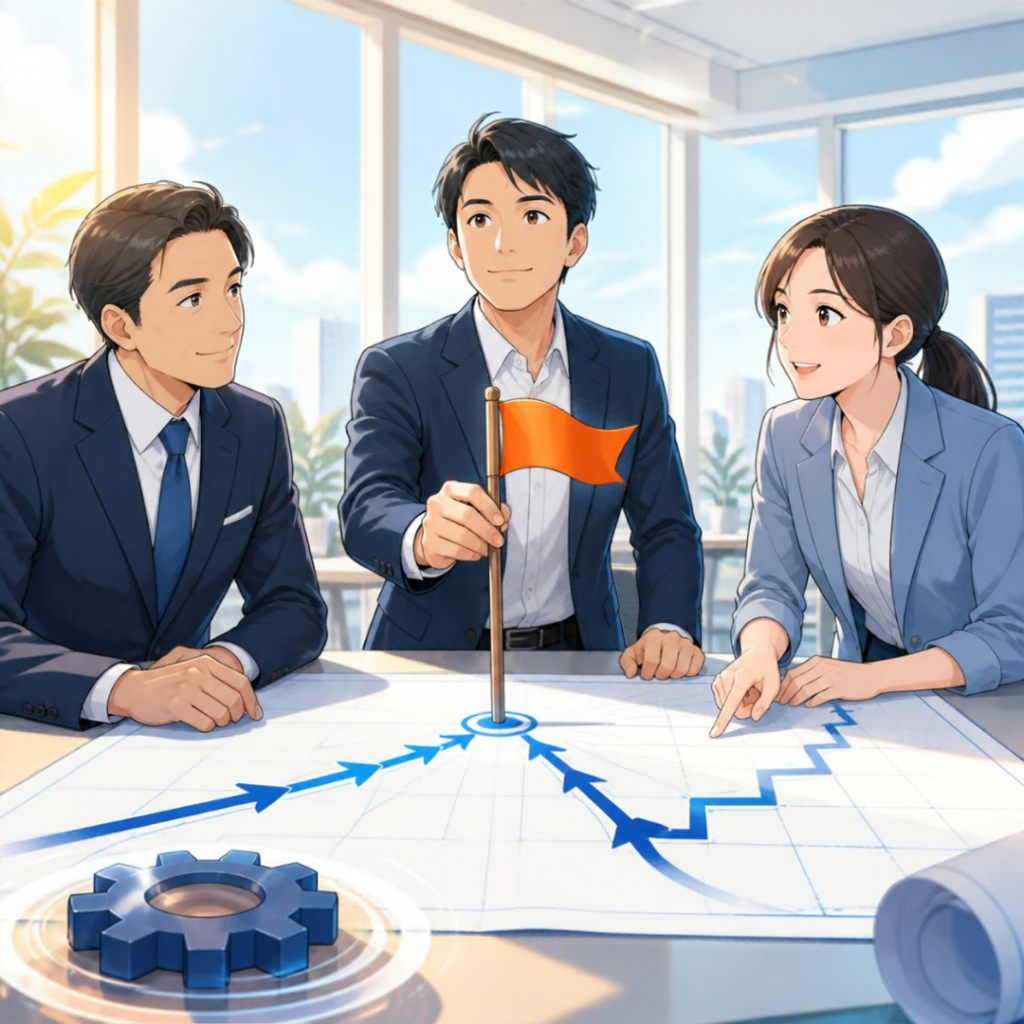 経営方針から描く設計図を囲み、リーダーがKGIの旗を持って施策を回すイメージ