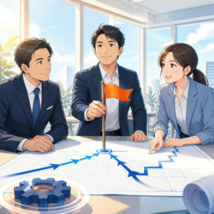 経営方針から描く設計図を囲み、リーダーがKGIの旗を持って施策を回すイメージ