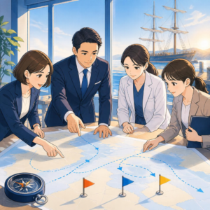 経営者、風土改革チーム、産業保健チーム、事務局が同じ海図を見て、重点を示す旗を確かめながら進むイメージ